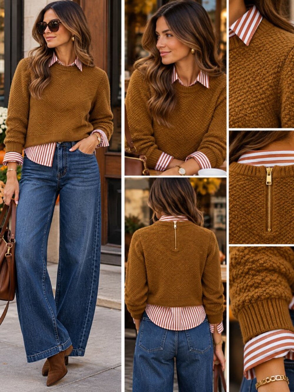 J.Crew 100% Wool Cropped Textured Sweater M Brown Back Zip